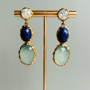 NEW Triple Drop Earrings 14K Gold: Moonstone, Lapis, Aqua Chalcedony